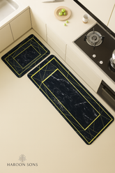 RUNNER WITH MAT KITCHEN SET ANTI-SLIP- BLACK YELLOW MARBLE TEXTURE