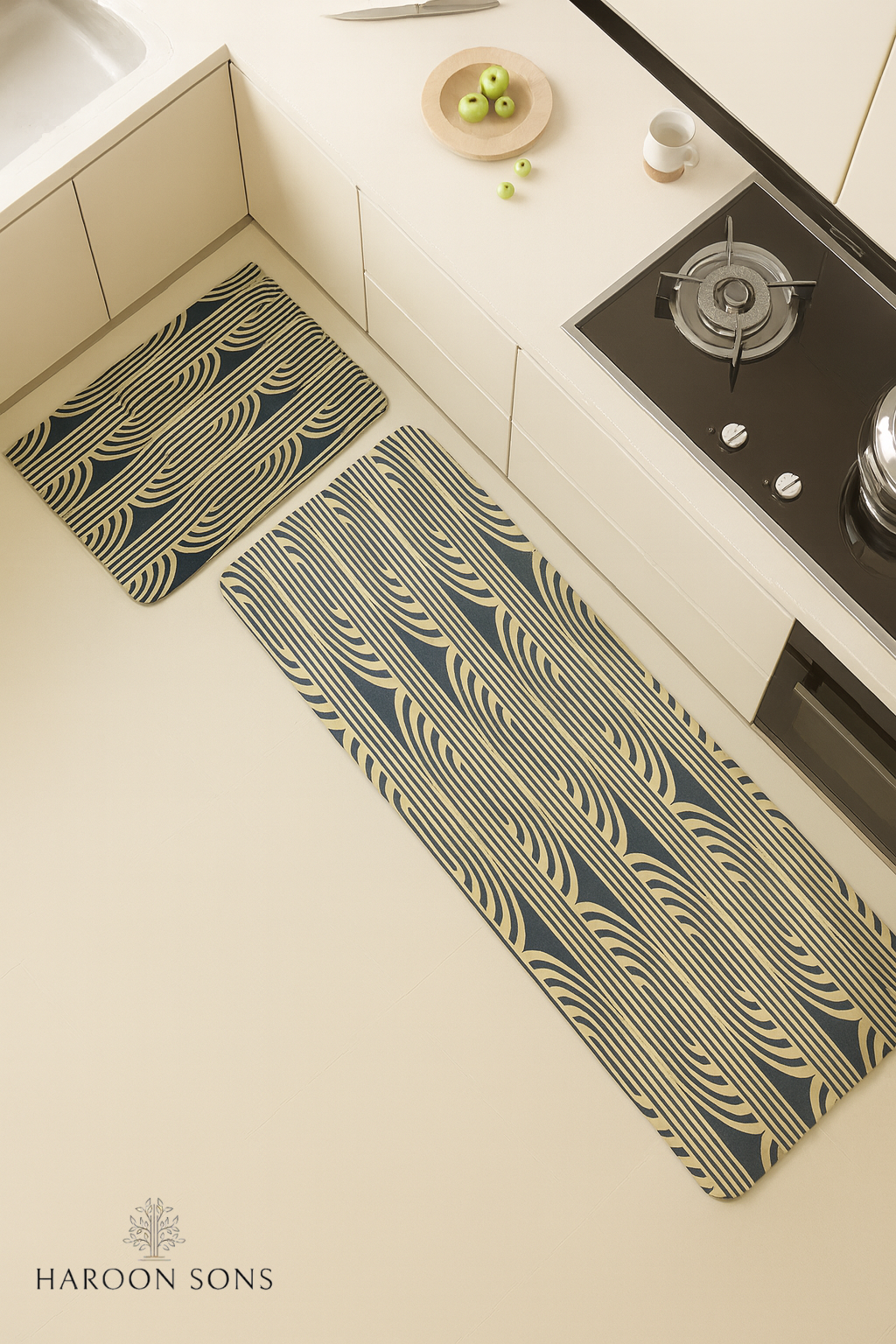RUNNER WITH MAT KITCHEN SET ANTI SLIP-BLACK GOLDEN