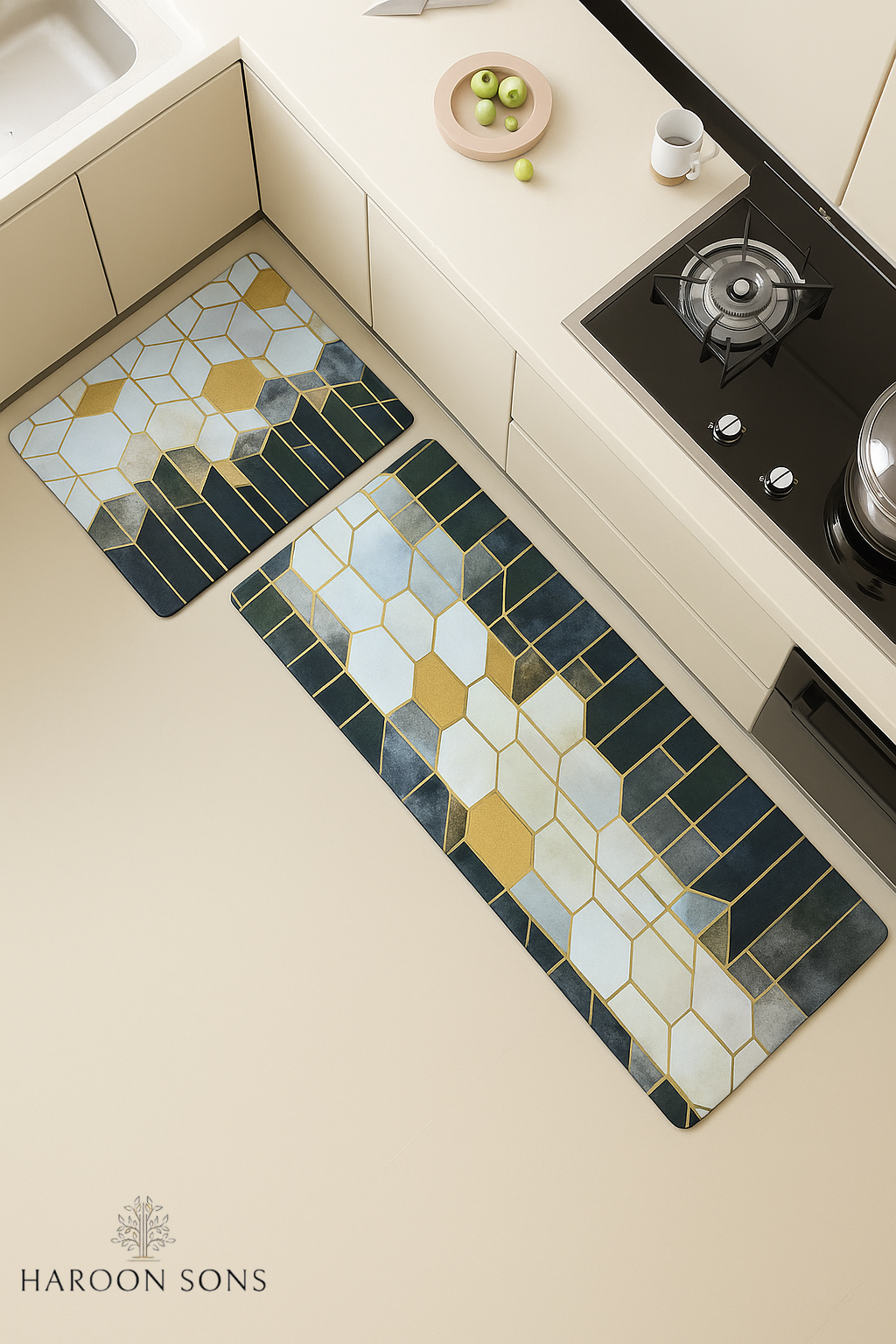 RUNNER WITH MAT KITCHEN SET ANTI-SLIP- GEOMETRICAL MULTI