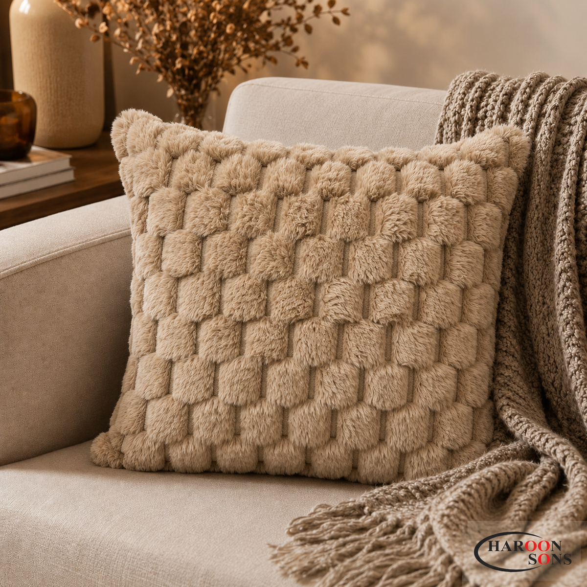 PACK OF 3 BROWN BUBBLE FUR CUSHION COVERS
