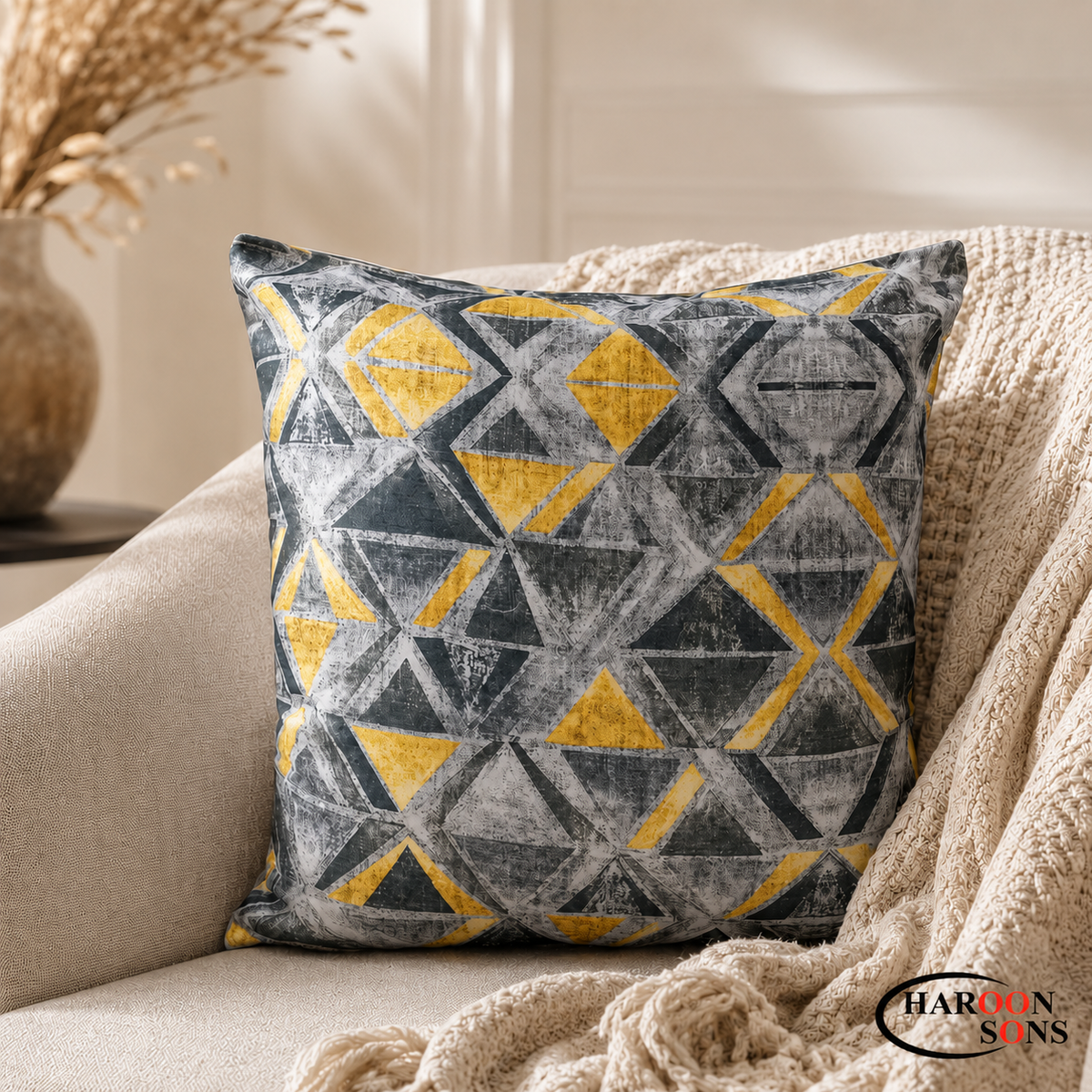 ABSTRACT GREY AND YELLOW CUSHION COVER-17*17 INCHES