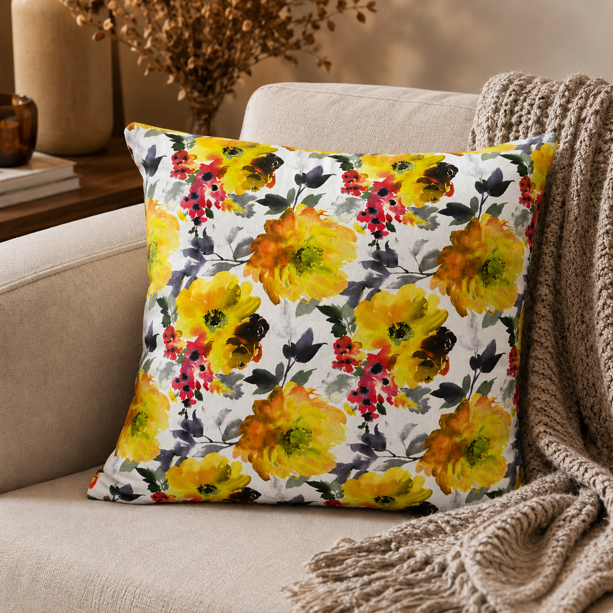 PACK OF 3 WHITE YELLOW FLORAL PRINTED CUSHION COVERS