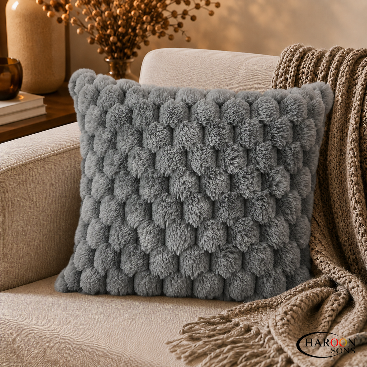 PACK OF 3 DARK GREY BUBBLE FUR CUSHION COVERS
