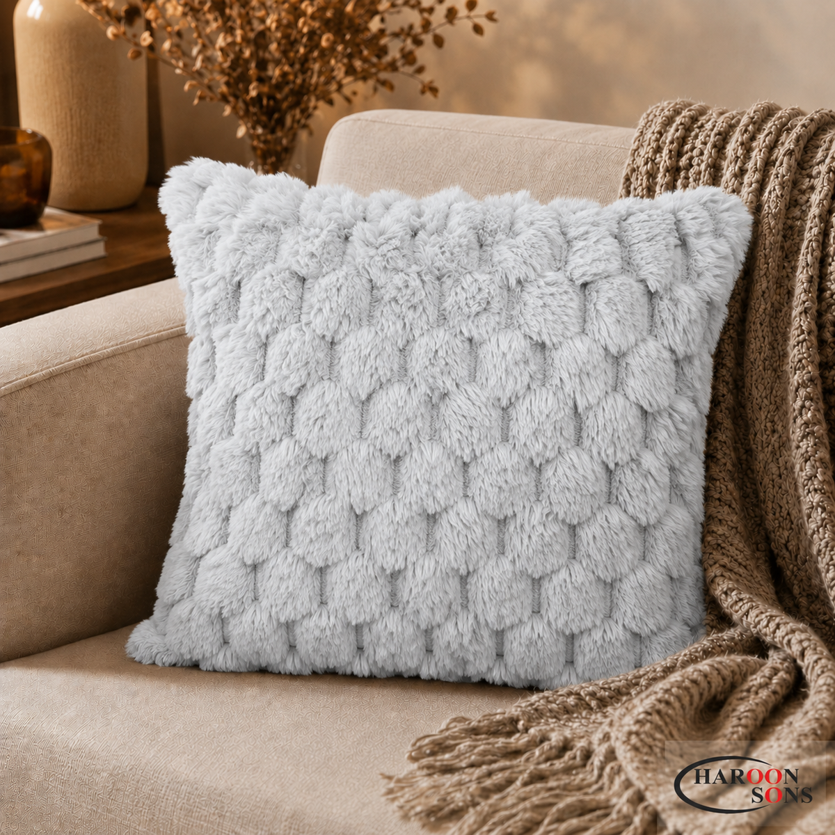 PACK OF 3 LIGHT GREY BUBBLE FUR CUSHION COVERS
