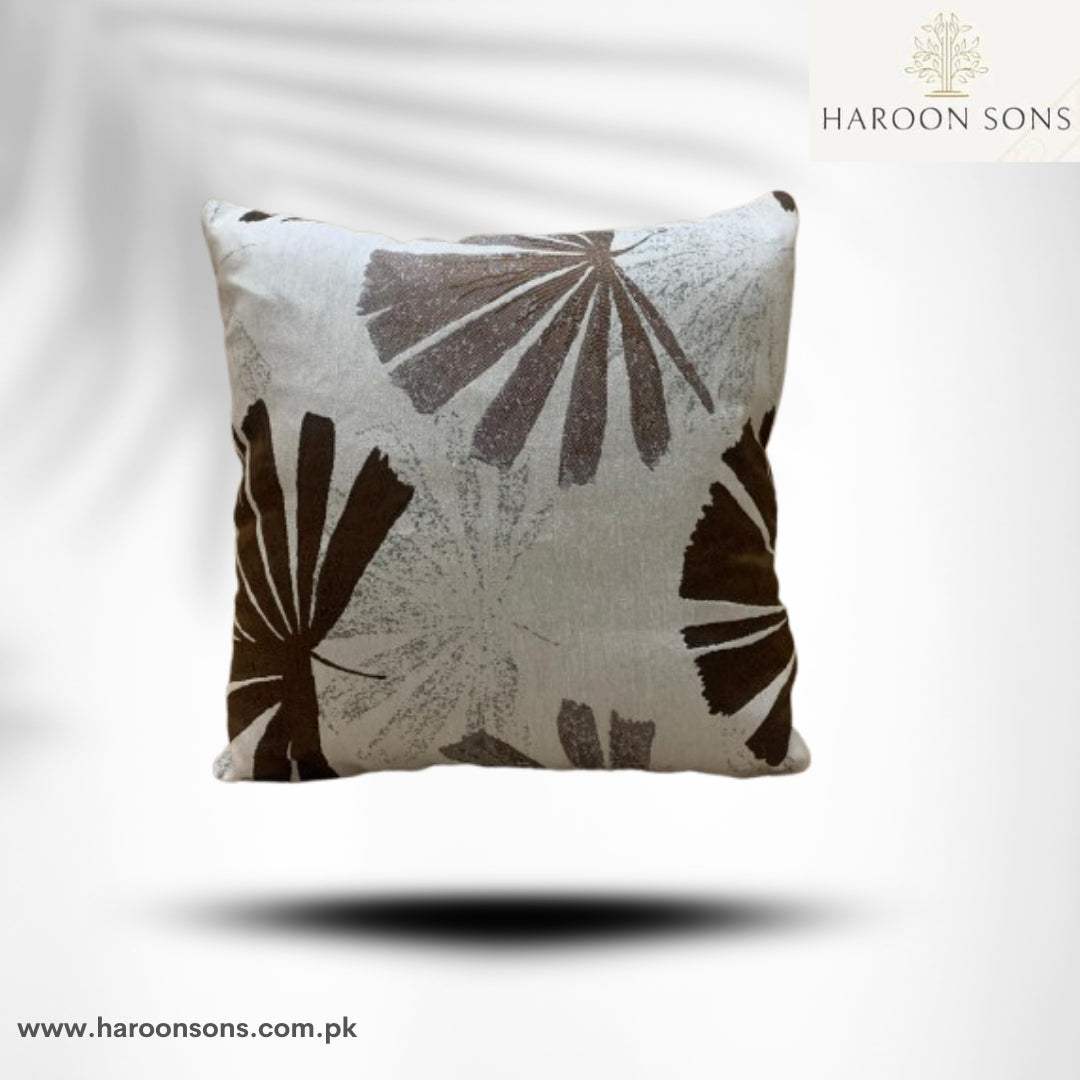 PRINTED WHITE AND BROWN FLOWER CUSHION COVER
