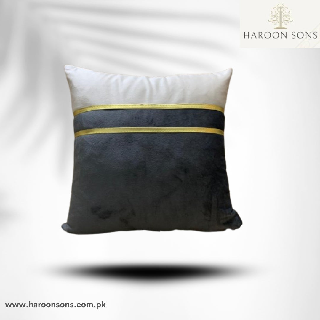 Elegant Two-Tone Grey Velvet Cushion Cover with Gold Accent
