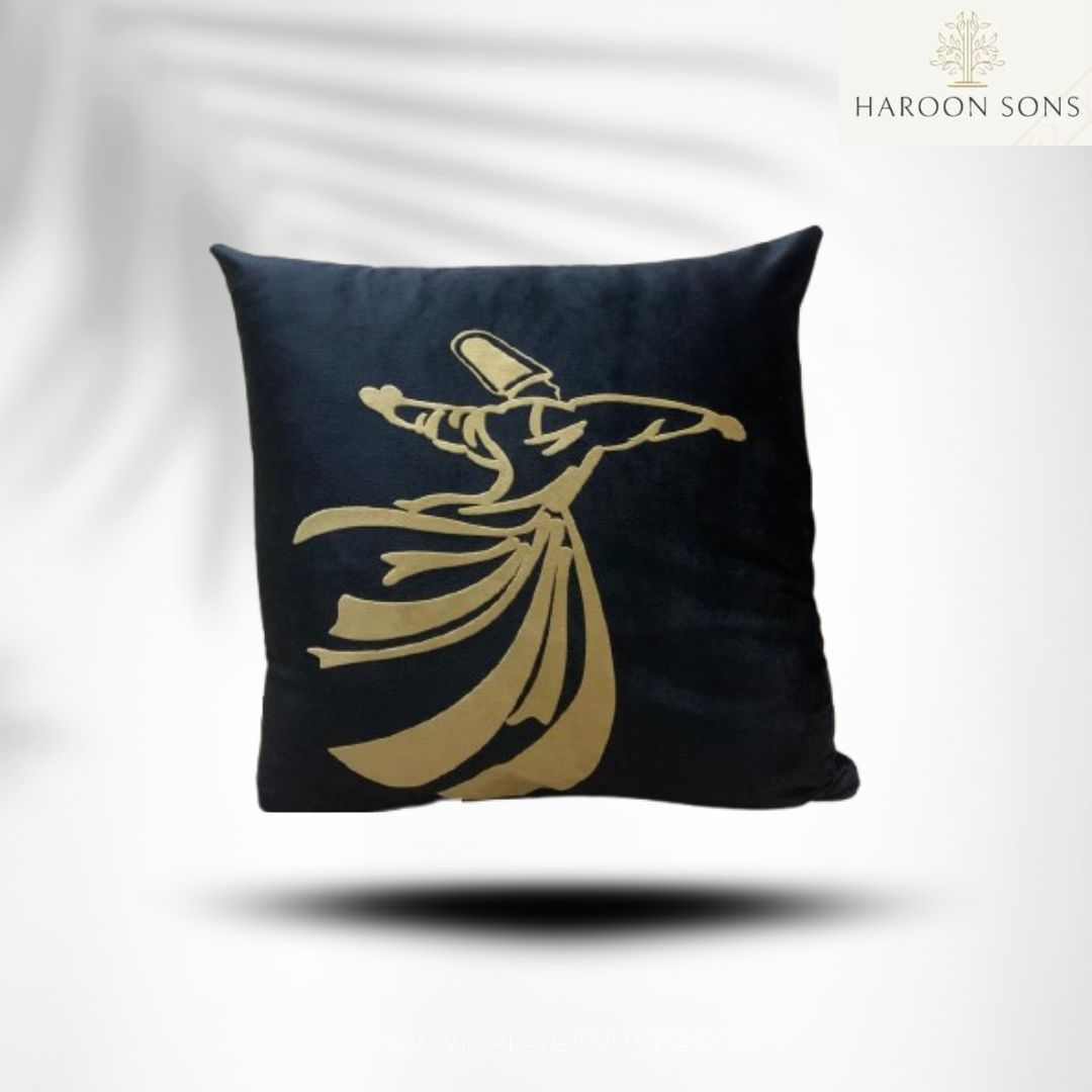 (PACK OF 3)TURKISH SUFI DESIGN VELVET APPLIQUE CUSHION COVER-BLACK