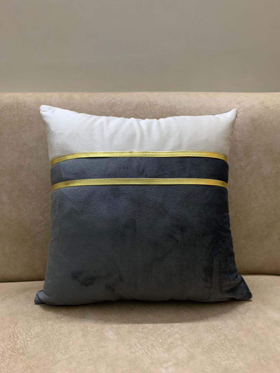 Elegant Two-Tone Grey Velvet Cushion Cover with Gold Accent
