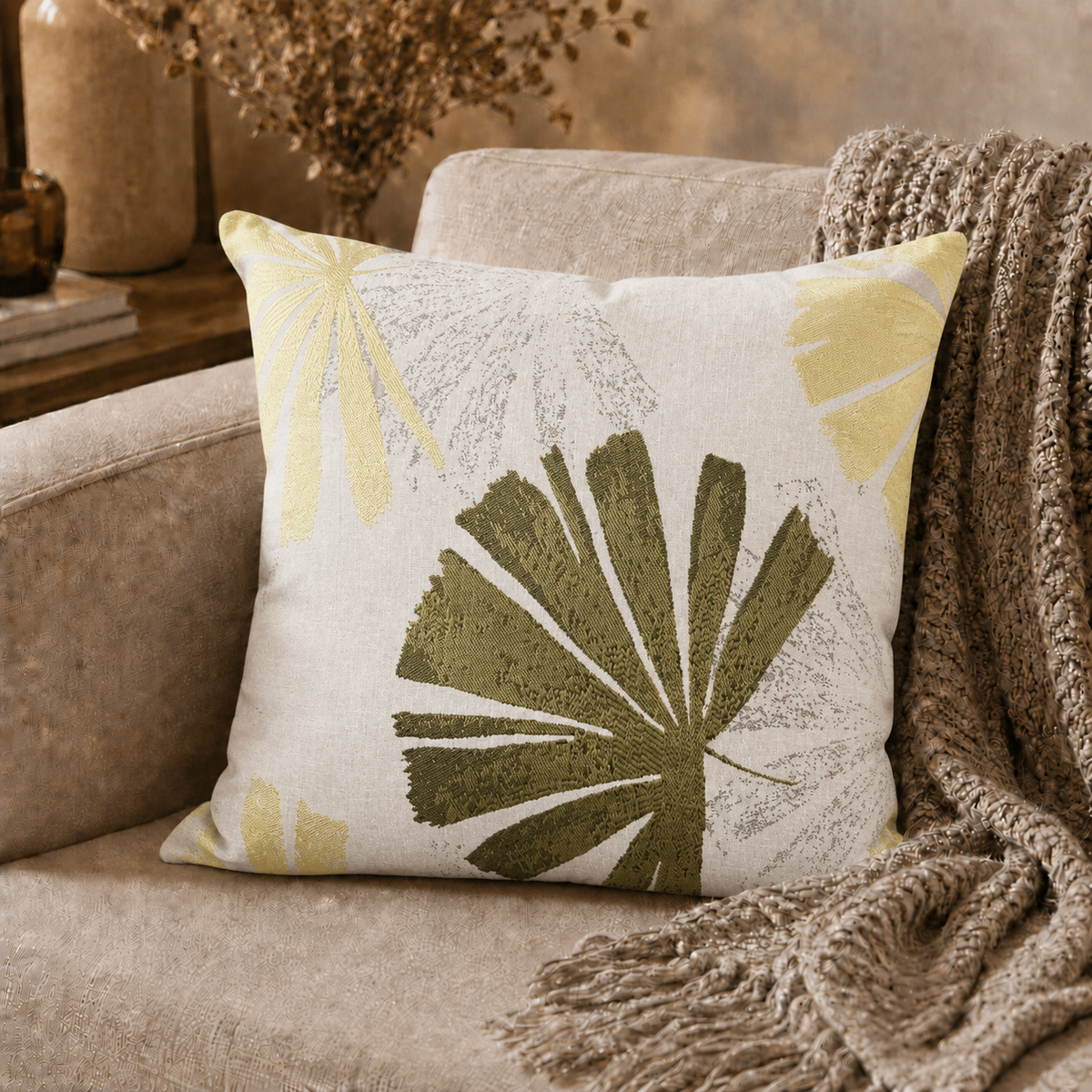 PACK OF 3 PRINTED FLOWER YELLOW-GREEN/WHITE CUSHION COVERS